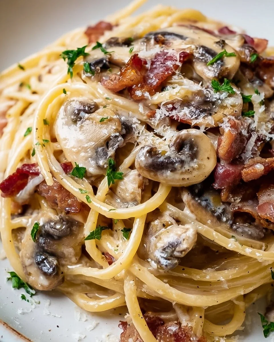 Delicious bacon mushroom pasta served in a bowl with fresh herbs on top