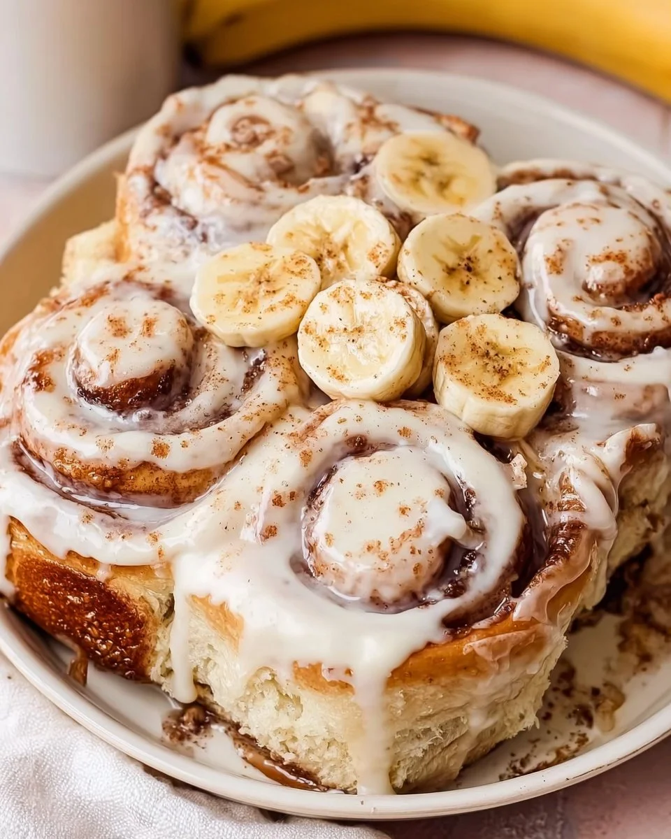 Delicious banana bread cinnamon rolls topped with cream cheese frosting