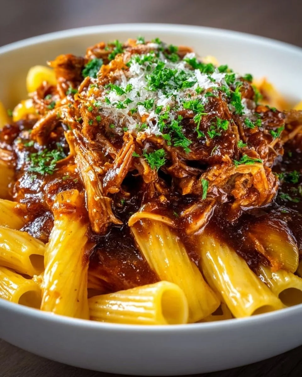 Delicious BBQ Pulled Pork Pasta topped with onions in a creamy sauce