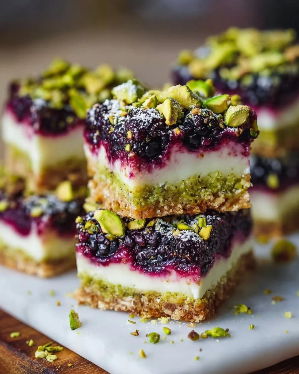 Delicious Blackberry Pistachio Dream Bars topped with nuts and berries