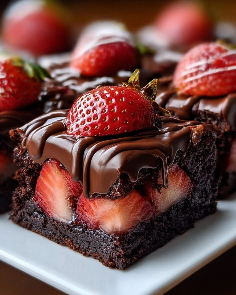 Delicious Chocolate Covered Strawberry Brownies with fresh strawberries on top.