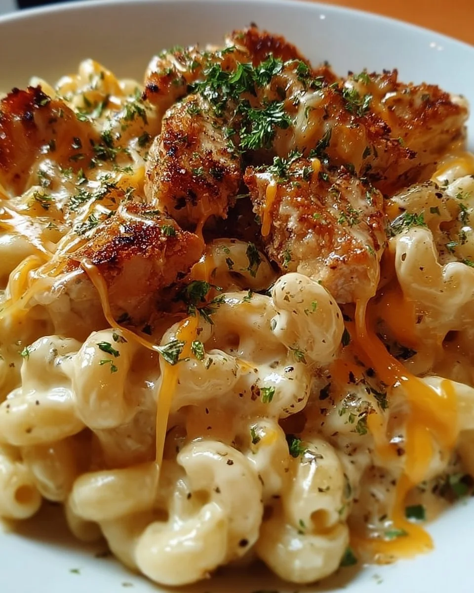 Delicious Honey Pepper Chicken Mac and Cheese served in a bowl