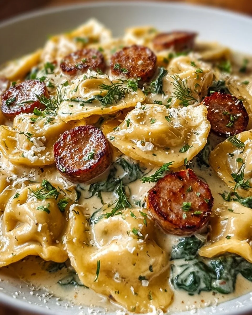 Creamy pierogi skillet with turkey sausage and vegetables in a frying pan