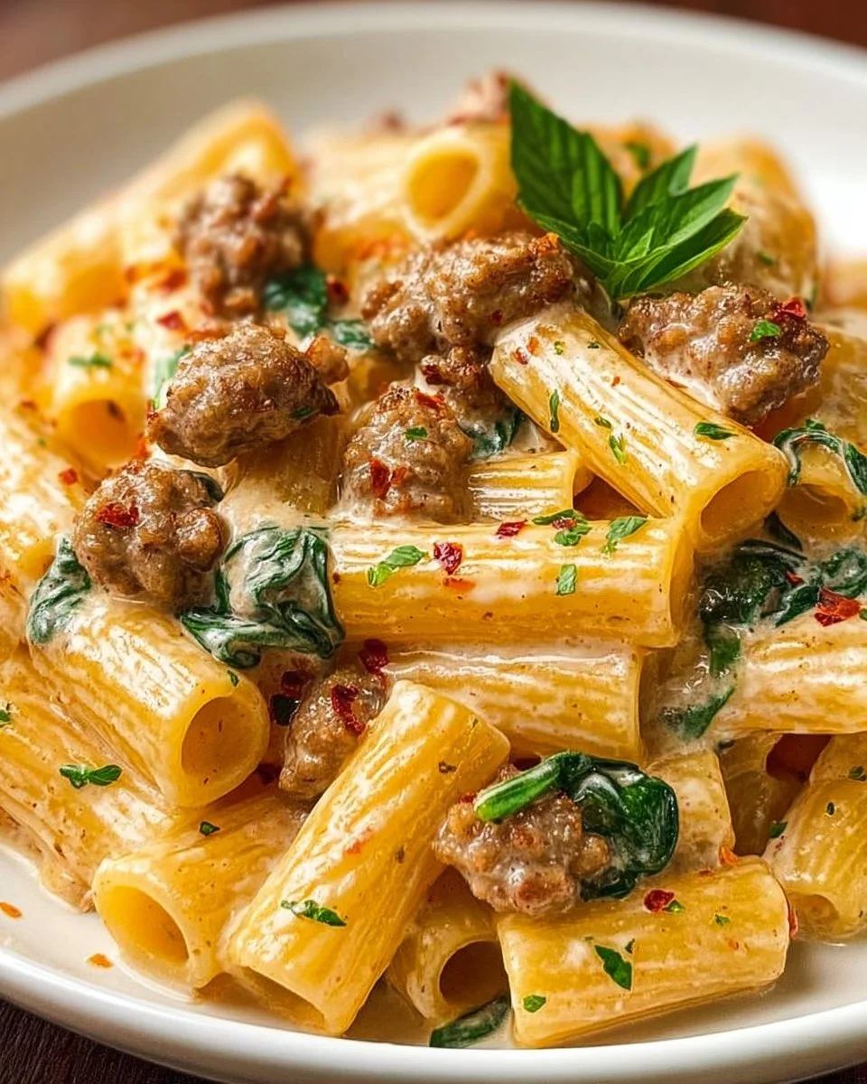 Creamy sausage rigatoni dish topped with parsley and cheese