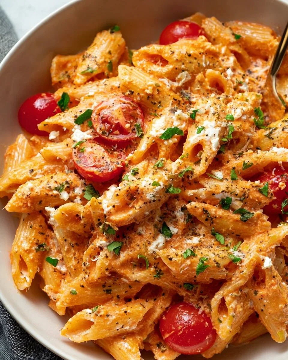Creamy tomato goat cheese pasta dish with fresh herbs and colorful ingredients
