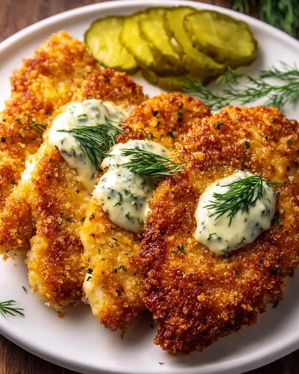 Crispy Dill Pickle Parmesan Chicken served on a plate with fresh herbs