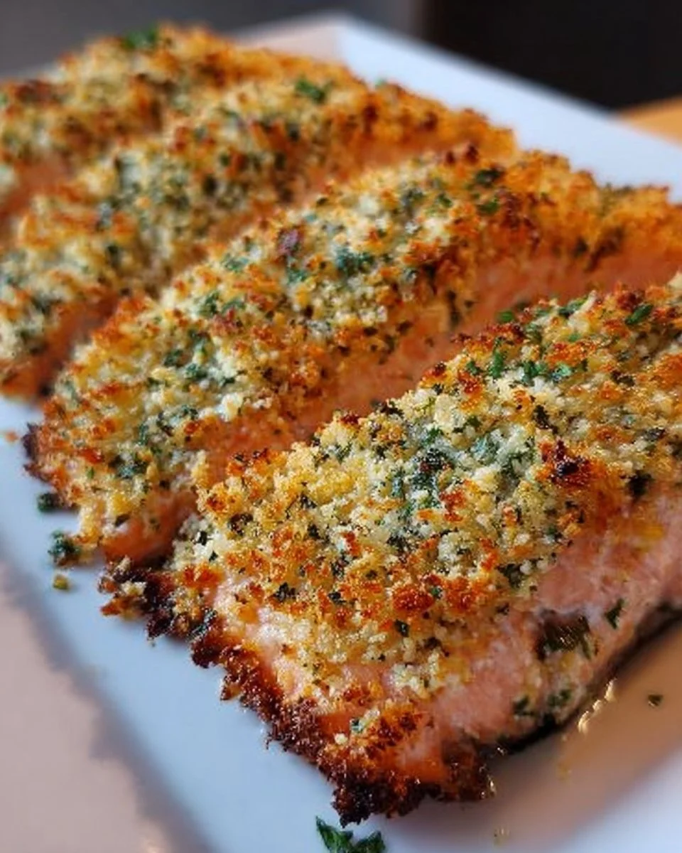 Crispy Parmesan Crusted Baked Salmon on a plate garnished with herbs