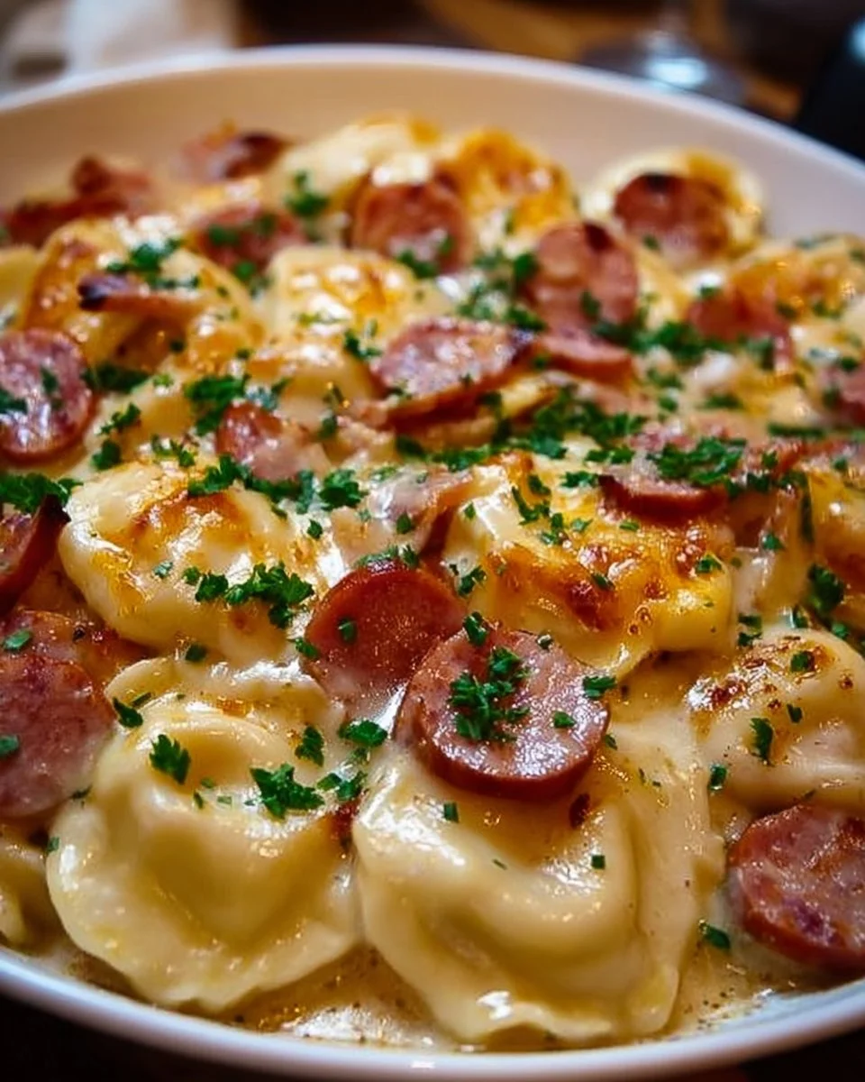 Delicious Crock Pot Pierogi Casserole with Kielbasa in a serving dish