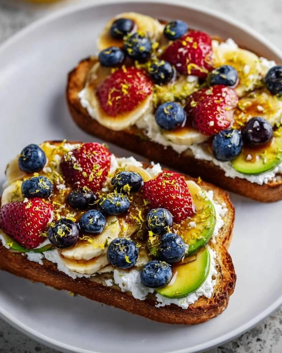 Delicious decadent breakfast toast topped with fruits and drizzled with honey.