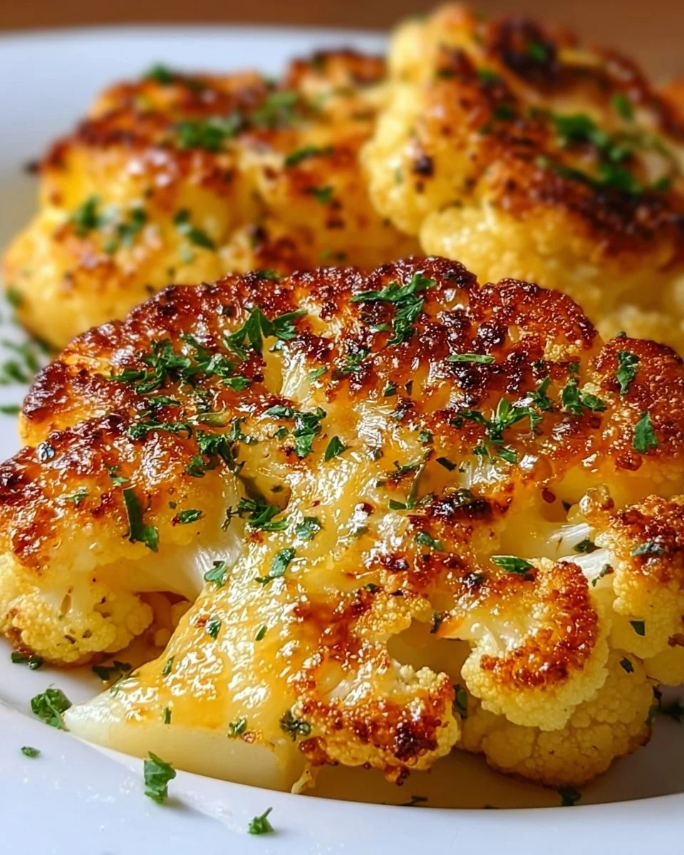Golden crusted cheesy cauliflower steaks served on a plate