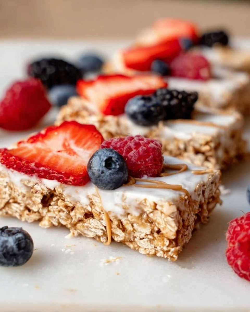 Healthy frozen yogurt granola bars with toppings ready to eat