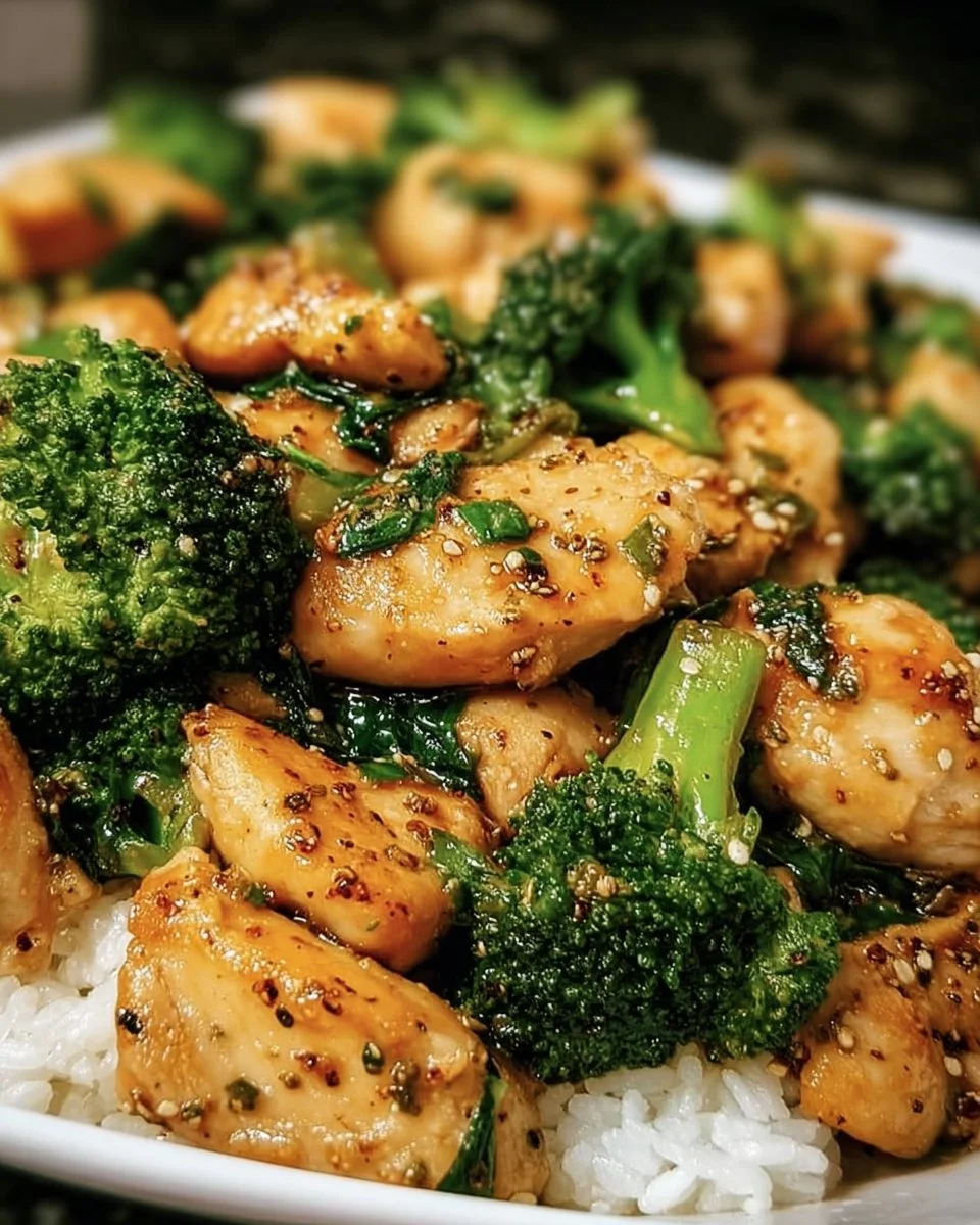 Plate of Garlic Chicken with Broccoli and Spinach garnished with herbs