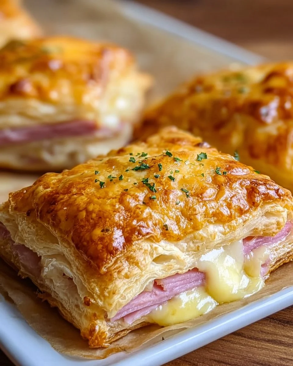 Delicious ham cheese puff pastry snacks on a wooden platter