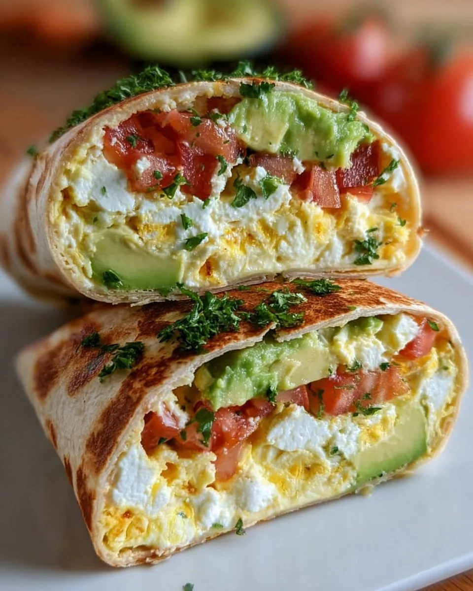 High-protein breakfast wrap with cottage cheese and avocado on a plate