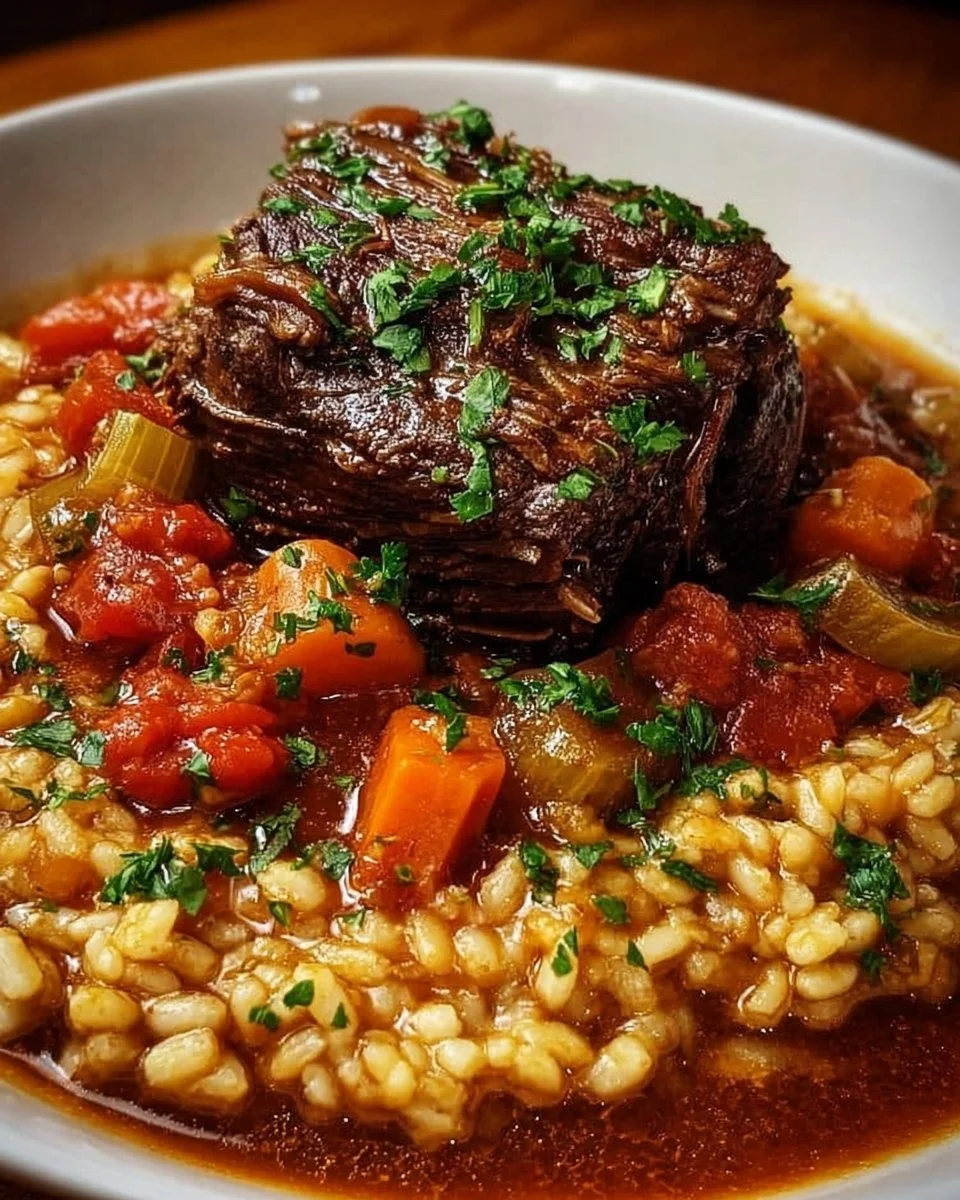Italian inspired pot roast served with creamy risotto for a comforting dinner