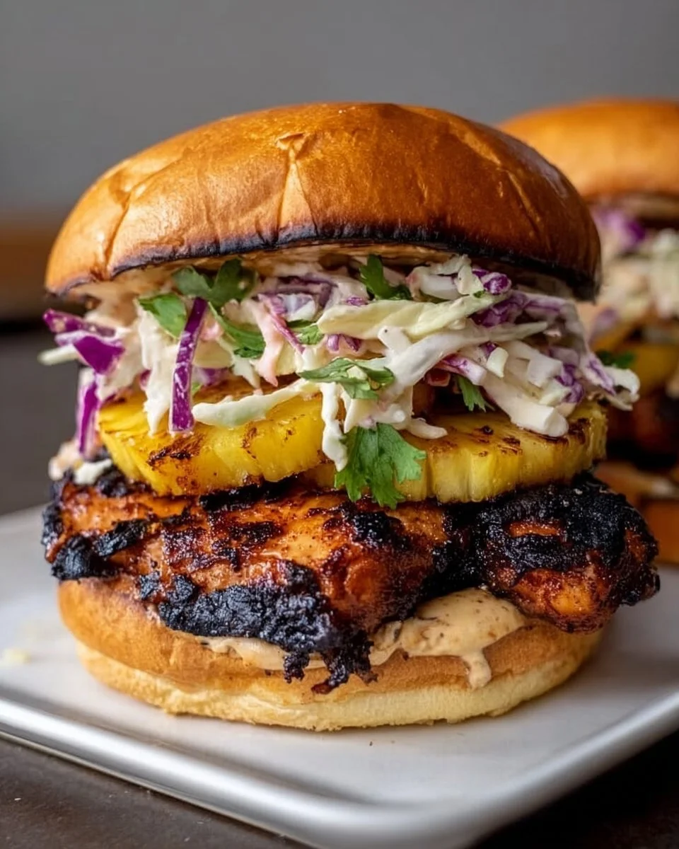 Delicious jerk chicken sandwich topped with grilled pineapple and fresh coleslaw