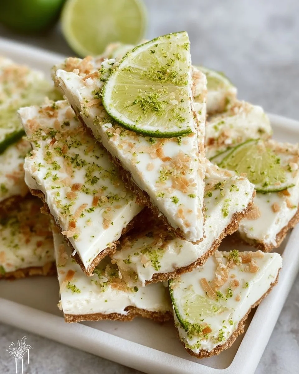 Delicious Key Lime Pie Yogurt Bark cut into pieces on a plate