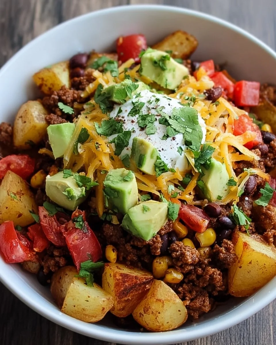 Delicious Loaded Potato Taco Bowl featuring crispy potatoes and fresh toppings