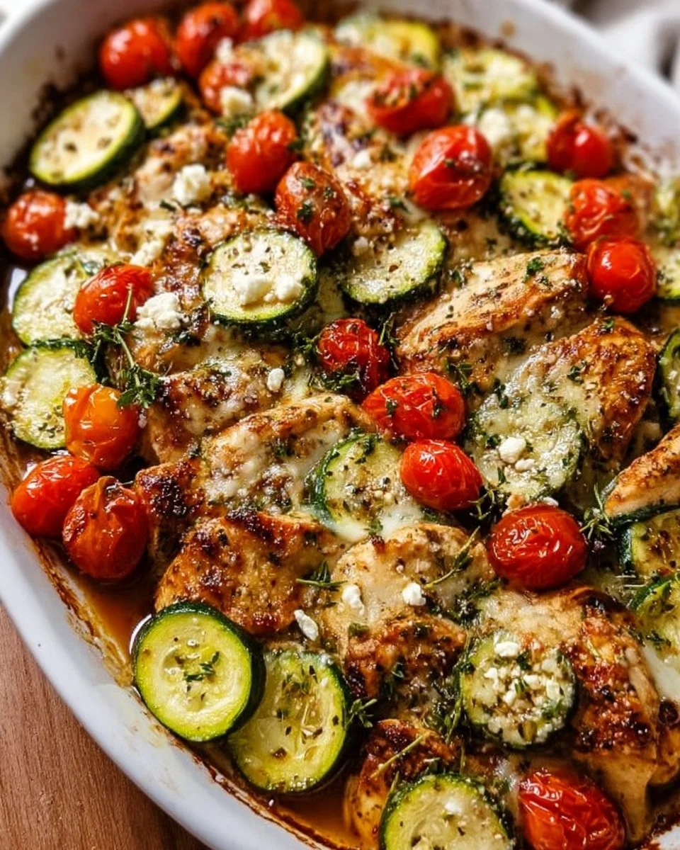 Mediterranean Chicken Zucchini Bake with vibrant vegetables and herbs