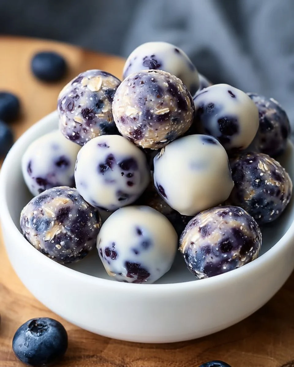 Delicious no-bake blueberry bliss bites on a white plate.