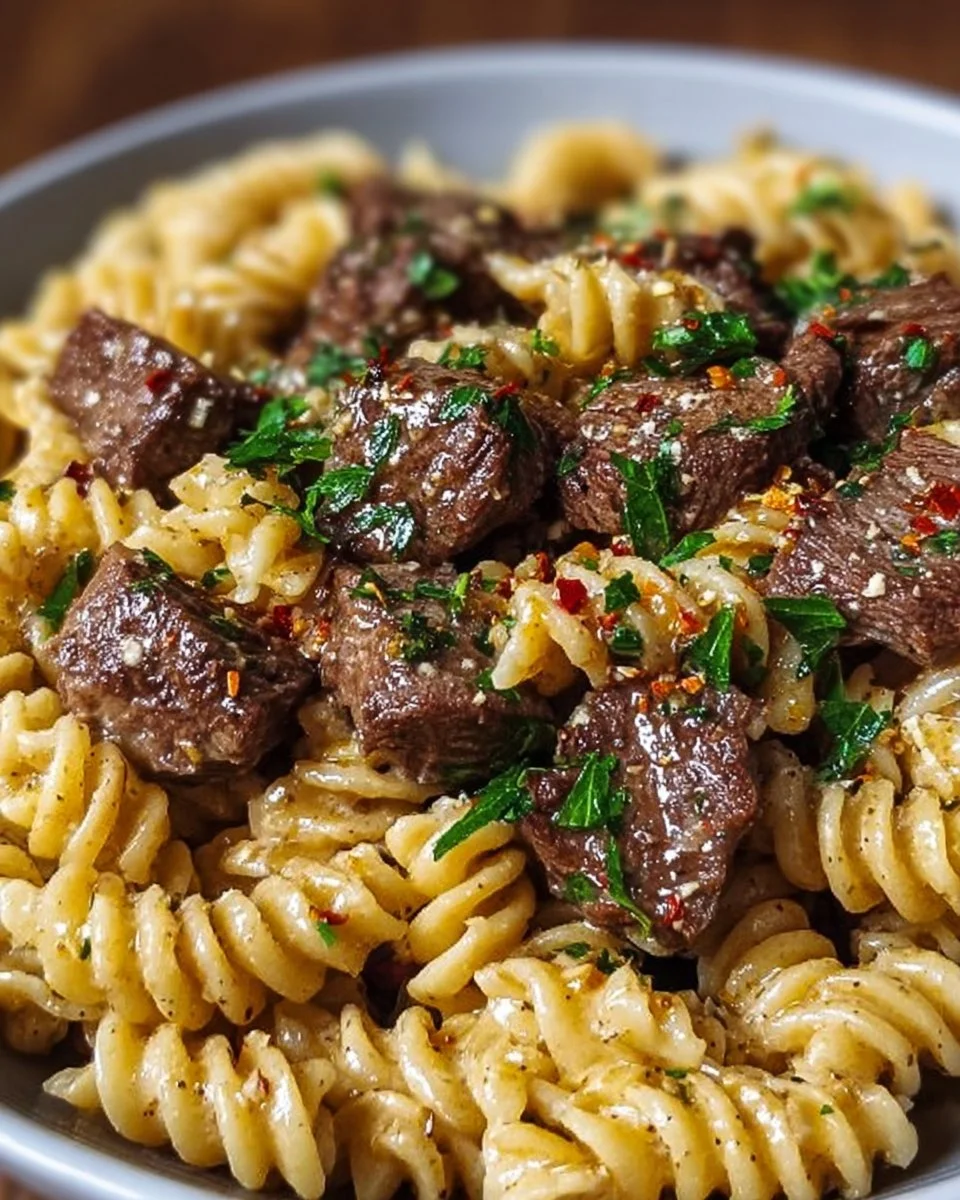 One-pot creamy garlic butter steak and pasta dish topped with herbs.