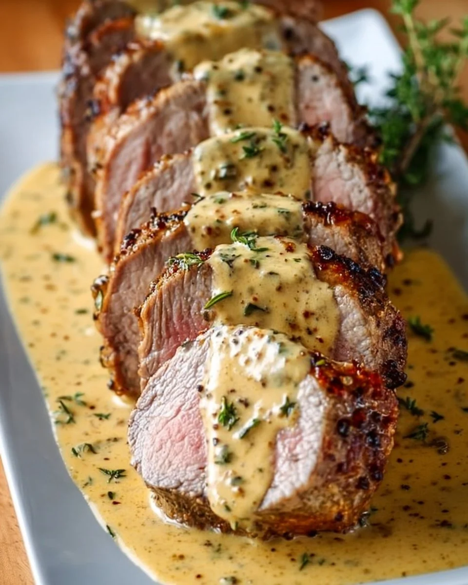 Oven-baked pork tenderloin served with Dijon cream sauce on a plate