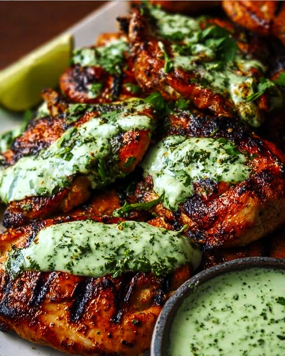 Delicious Peruvian grilled chicken served with creamy green sauce on a plate.