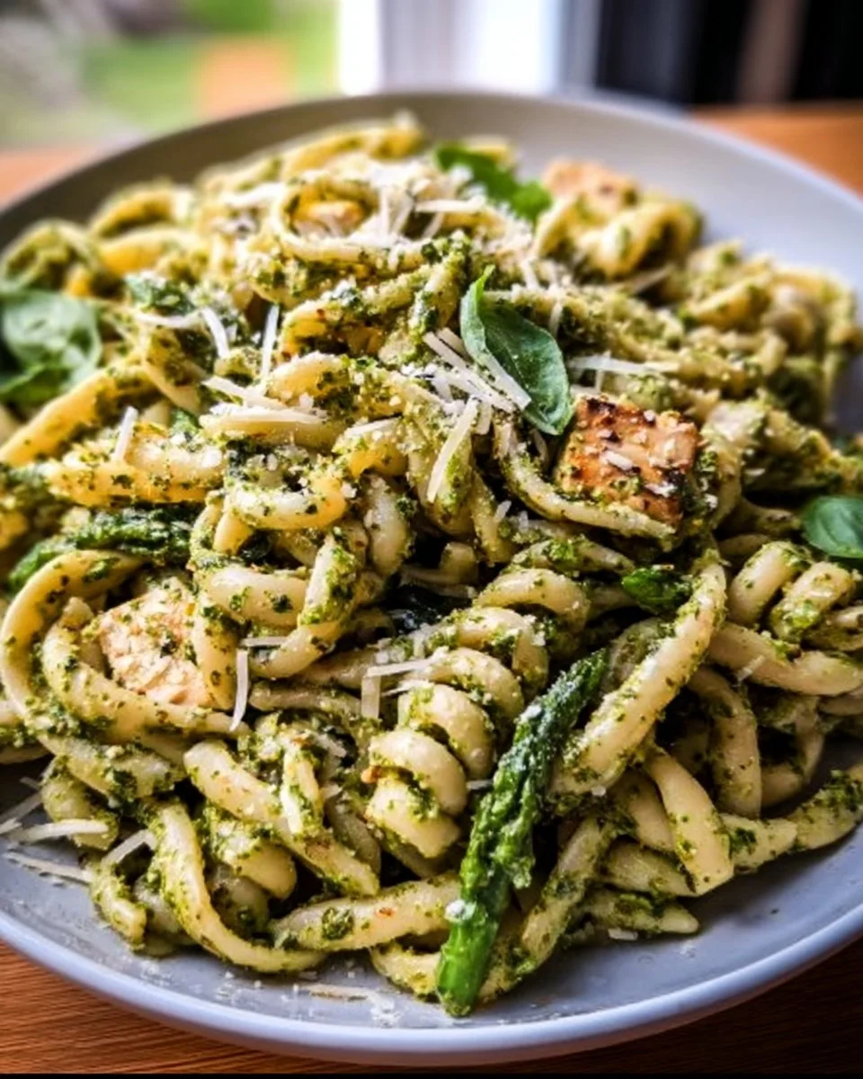 Bowl of fresh pesto pasta with basil and pine nuts on a wooden table.