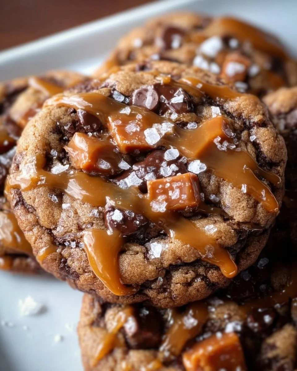 Freshly baked sea salt caramel cookies with gooey caramel and sprinkle of sea salt
