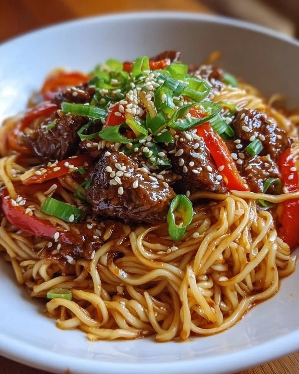 Bowl of spicy Korean Gochujang beef noodles garnished with vegetables