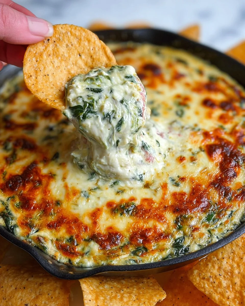 Delicious spinach cheese dip served in a bowl with tortilla chips