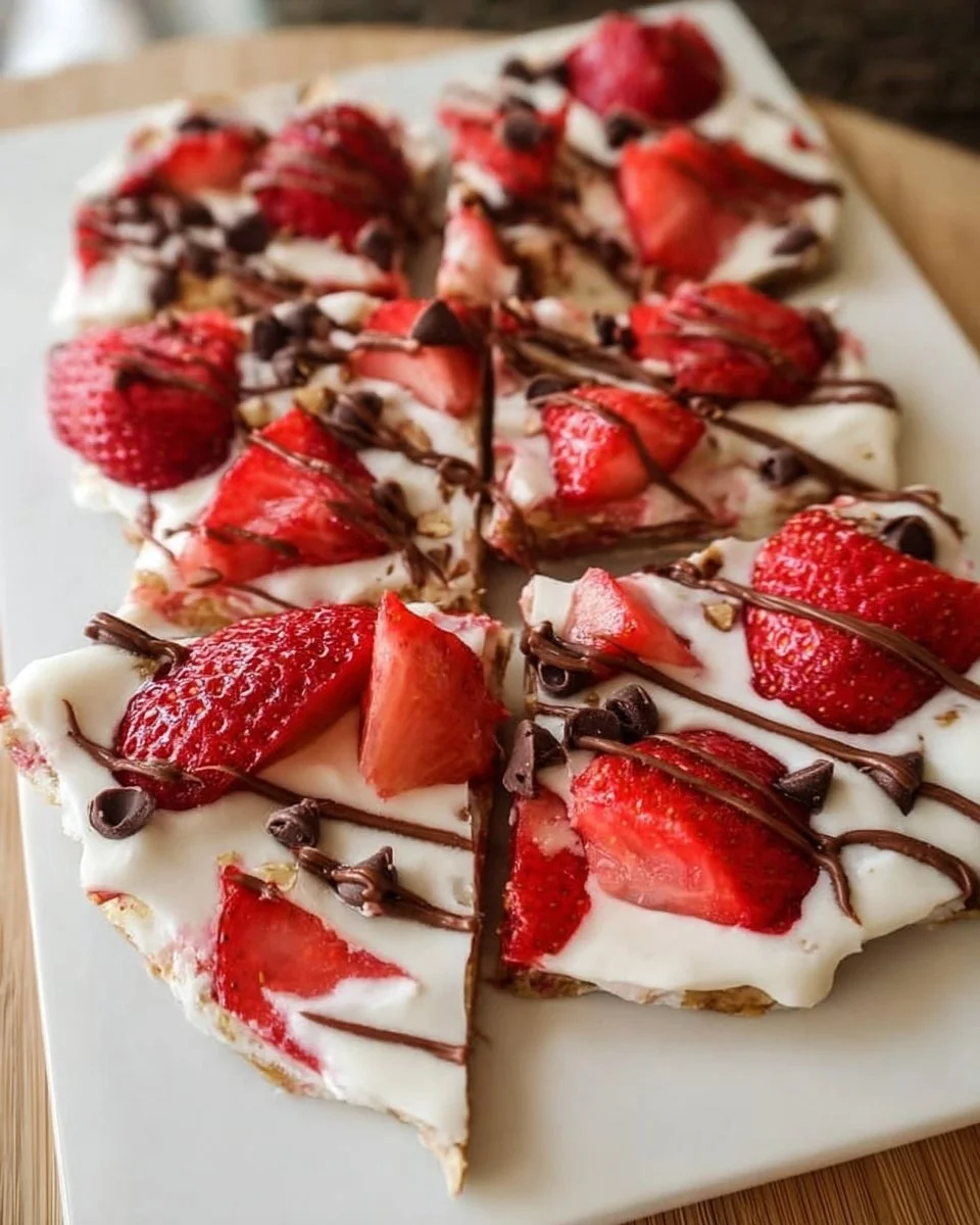 Strawberry yogurt bark topped with fresh strawberries and nuts