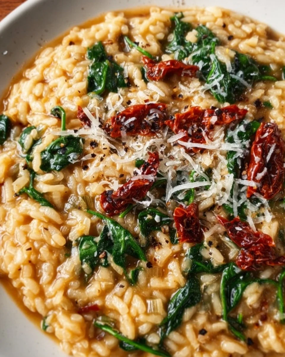 Creamy Sun-Dried Tomato and Spinach Risotto served in a bowl