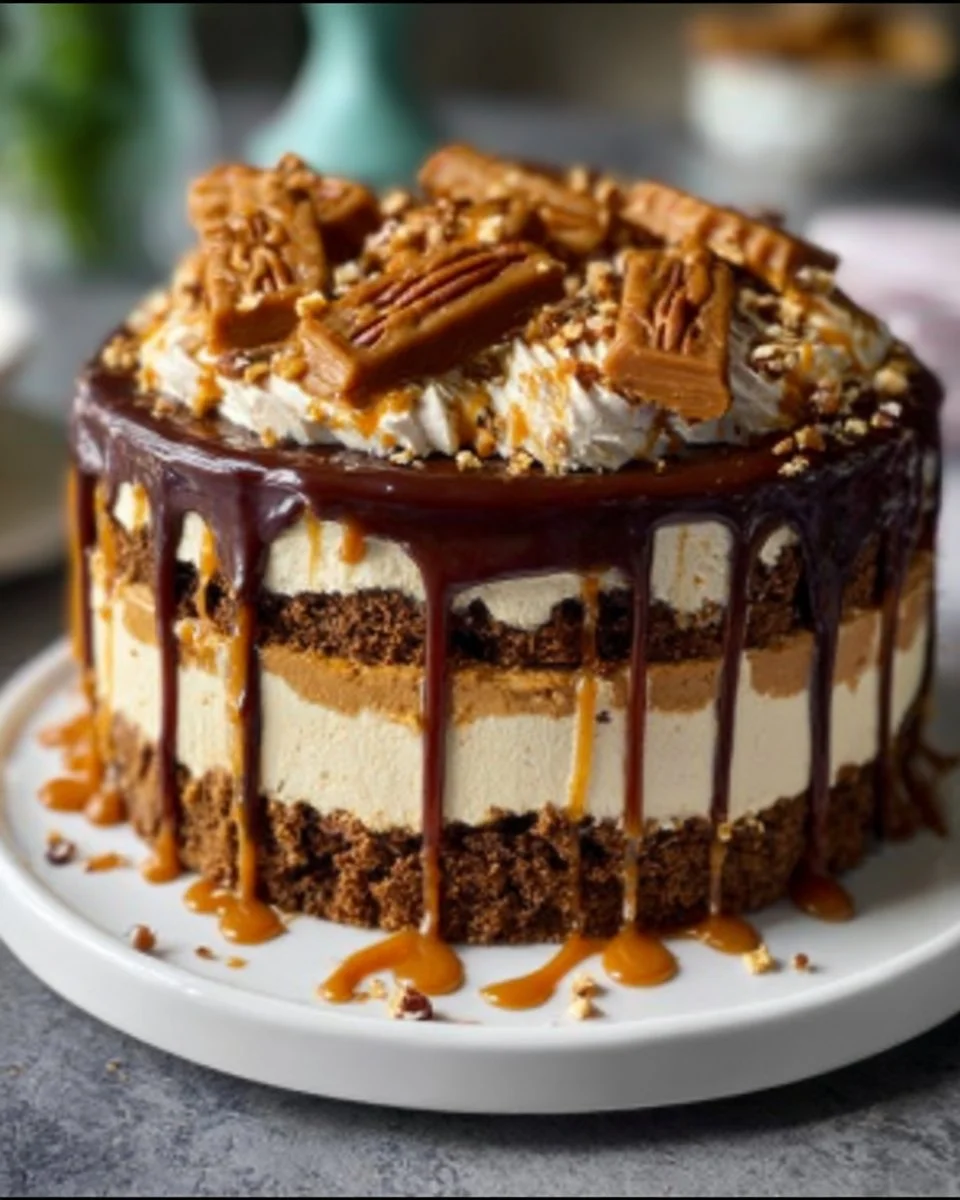 Delicious Turtle Caramel Biscoff Cake topped with caramel and Biscoff cookies