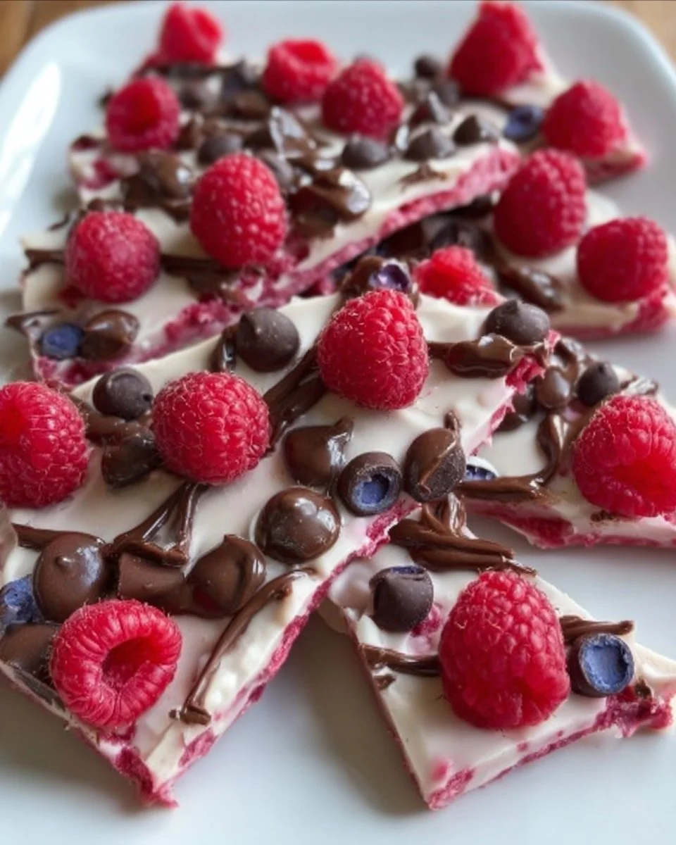 Valentine's Chocolate Raspberry Yogurt Bark with chocolate and raspberries