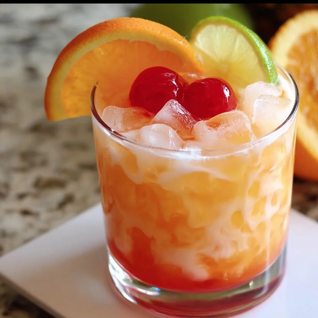 Amaretto Island Punch Cocktail served in a tropical glass with vibrant garnishes
