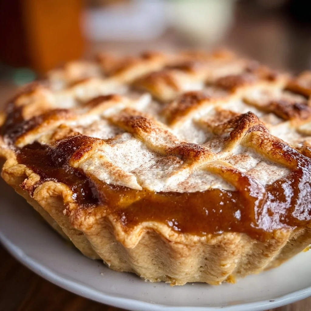 Delicious homemade Apple Butter Pie garnished with whipped cream and apples