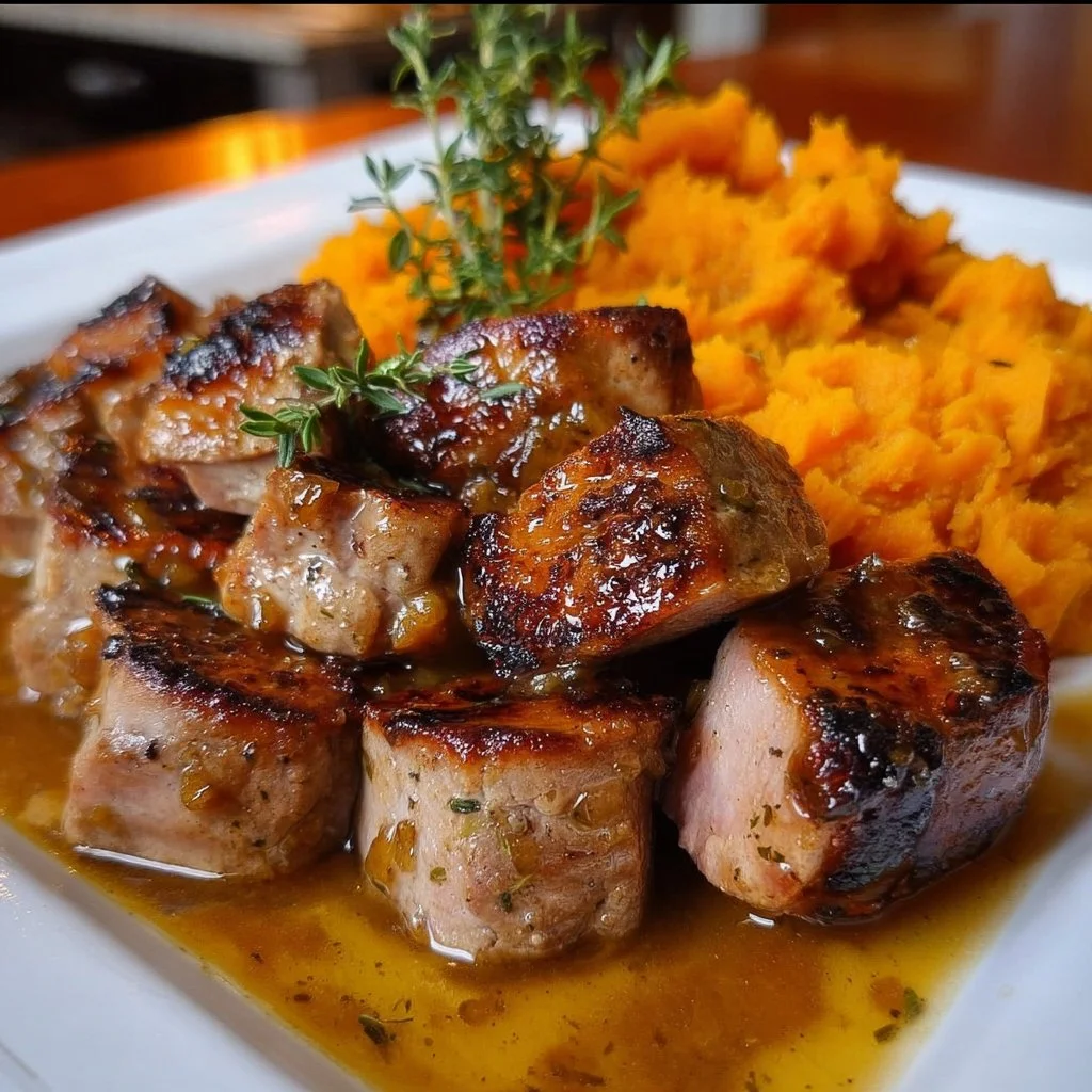 Delicious Apple Cider Pork served with creamy mashed sweet potatoes