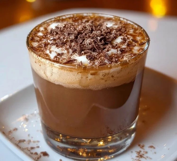 A glass of Baileys Chocolate Snowstorm, a creamy chocolate drink perfect for winter.