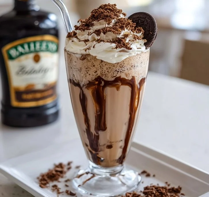 Delicious Baileys Mocha Fudge Milkshake topped with whipped cream and chocolate syrup.
