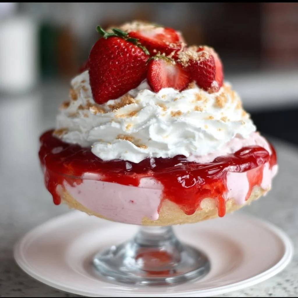 Delightful Baileys Strawberry Shortcake Cocktail garnished with fresh strawberries.