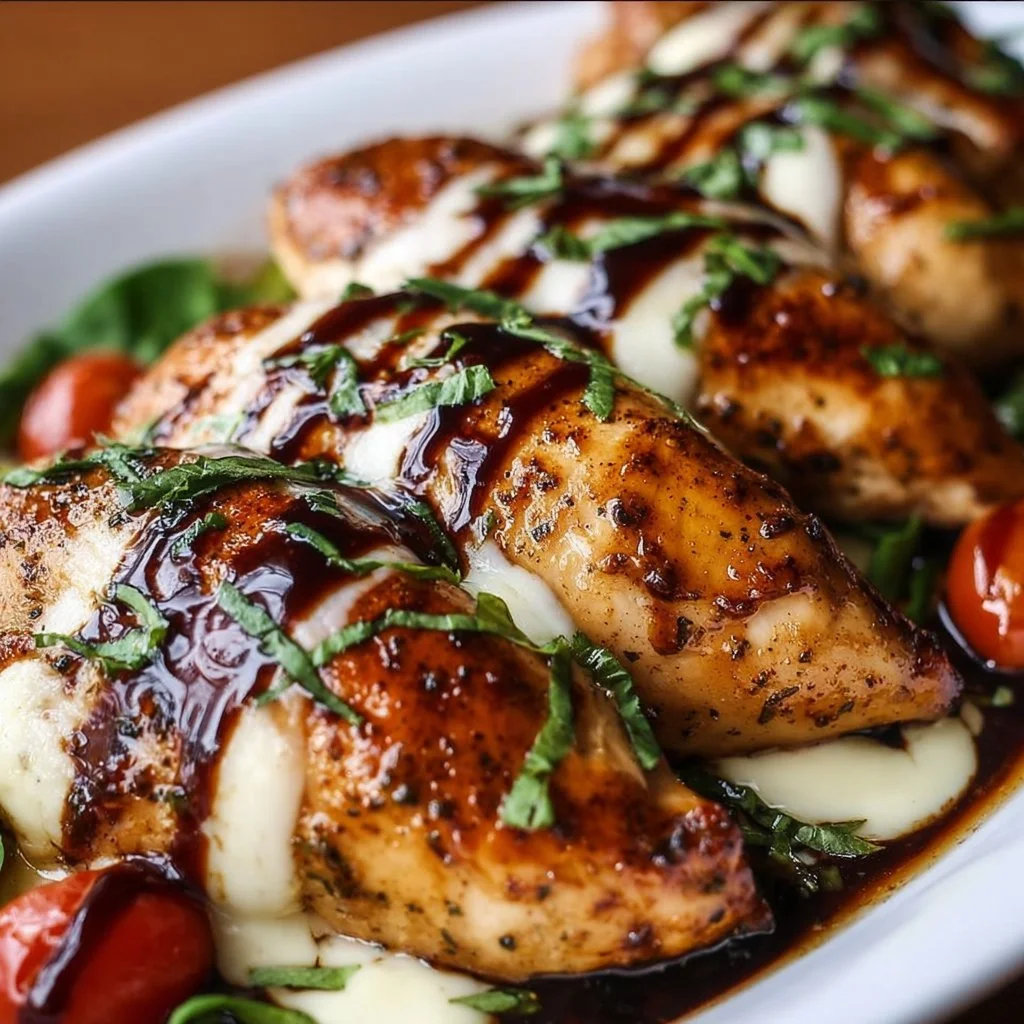 Balsamic baked chicken breast topped with mozzarella cheese on a plate.