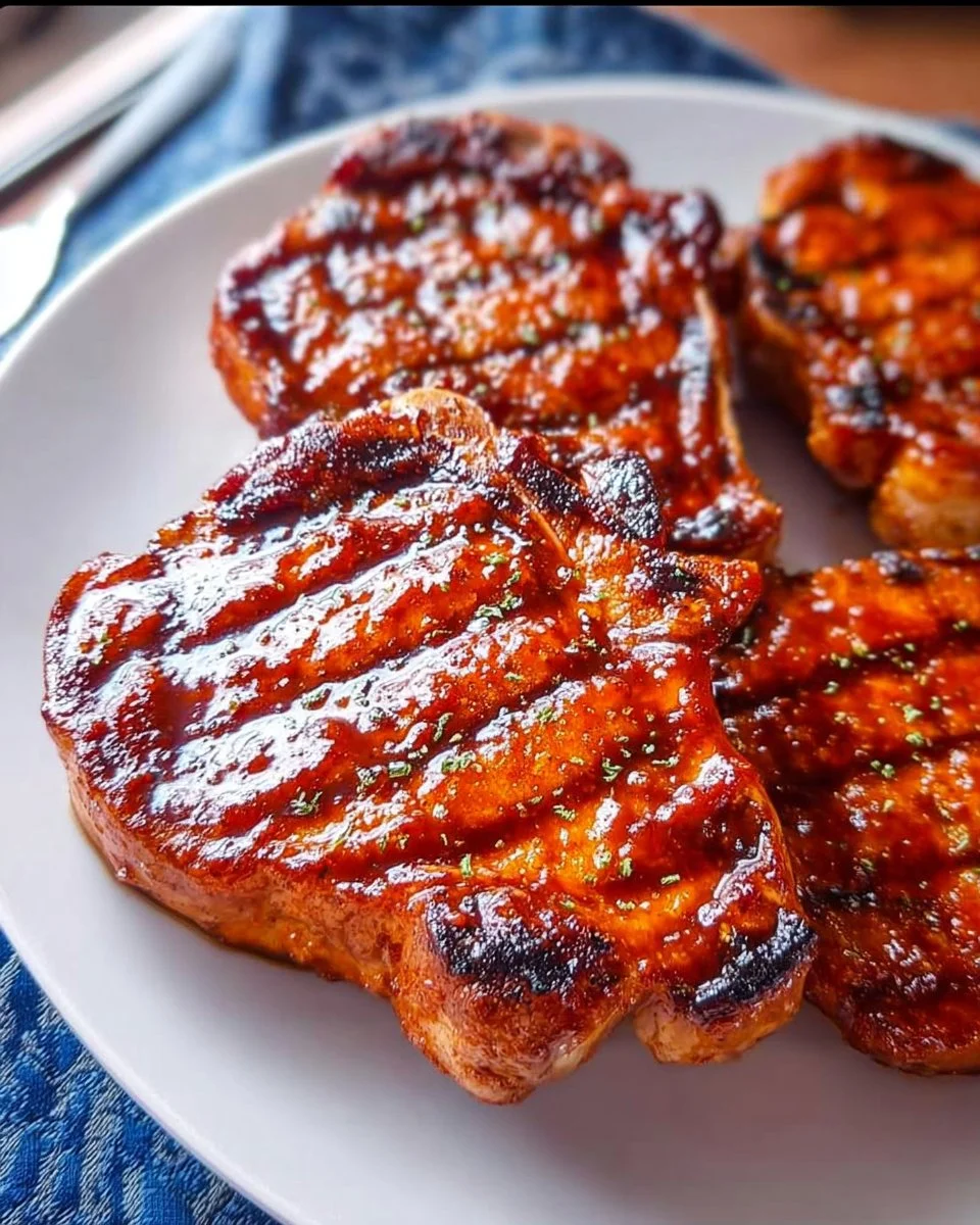 Delicious BBQ glazed pork chop on a grill plate