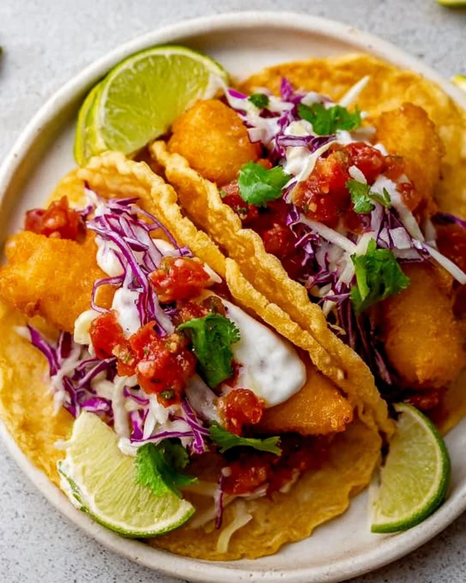 Crispy beer battered fish tacos served with fresh toppings and lime