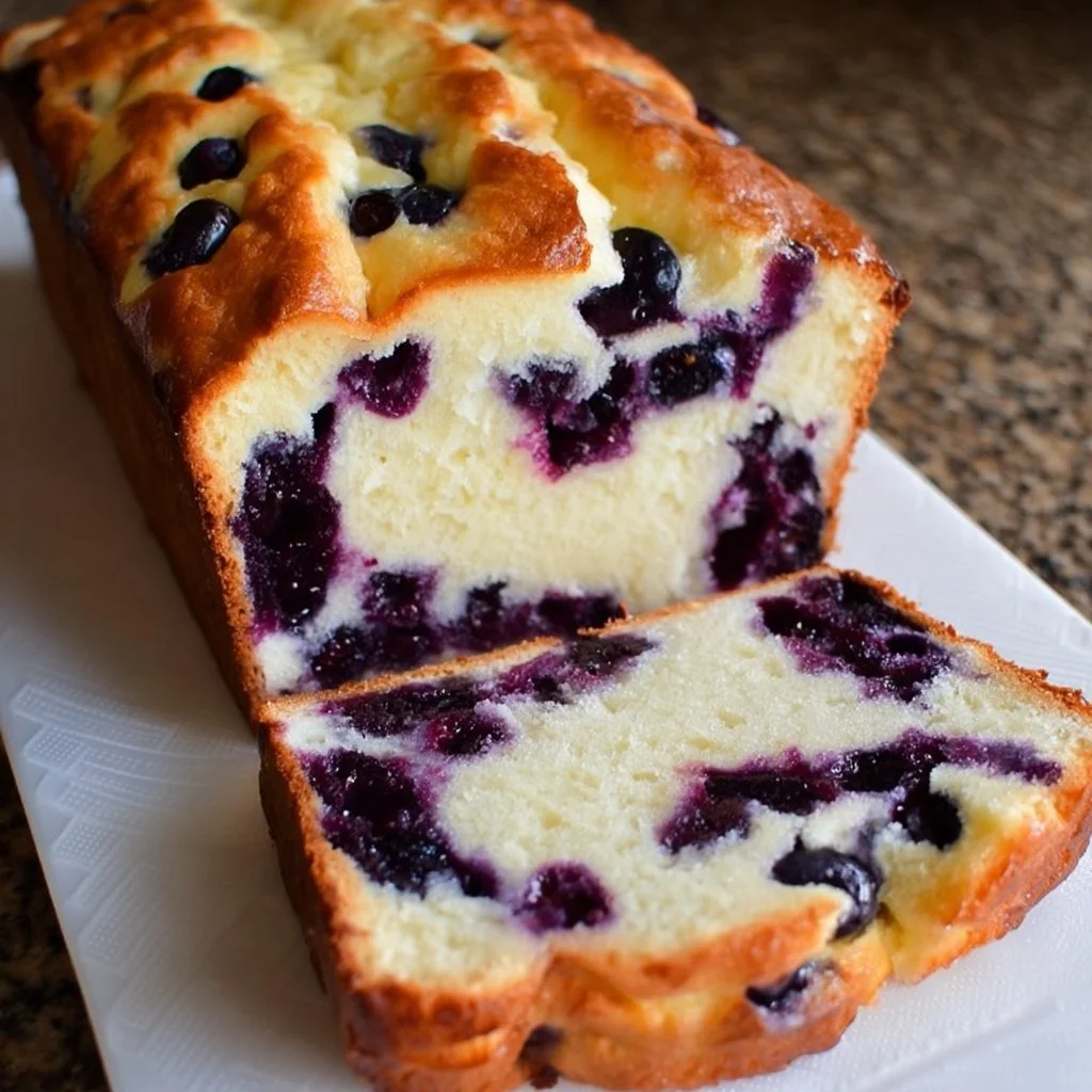 Delicious blueberry cream cheese bread sliced on a wooden board