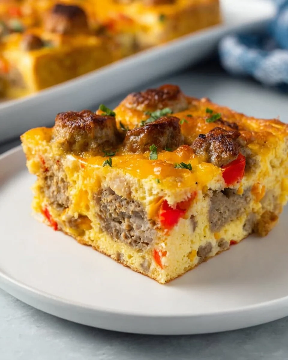 Biscuit Egg Casserole topped with cheese and herbs, served in a casserole dish.