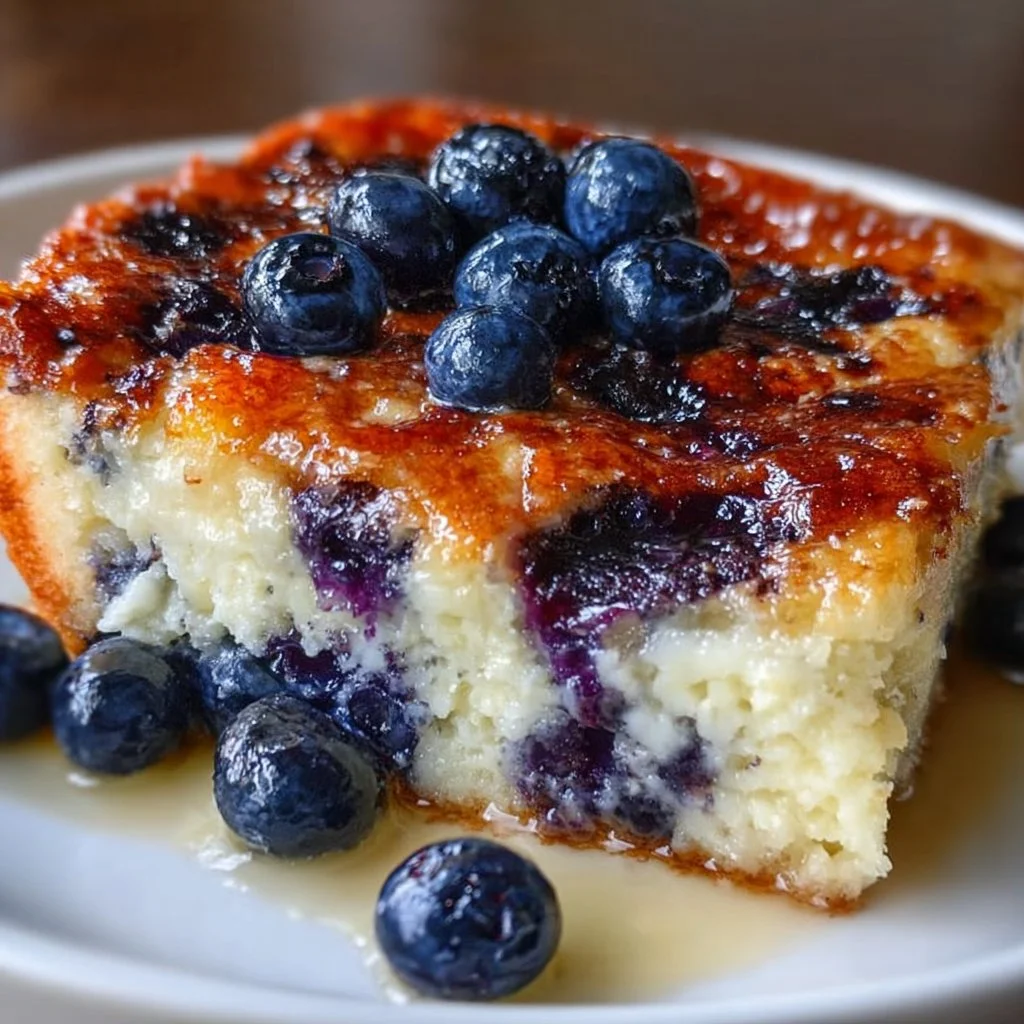Blueberry buttermilk pancake casserole served on a plate with fresh blueberries.