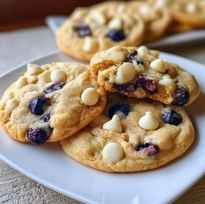 Blueberry white chocolate chip cookies freshly baked on a plate