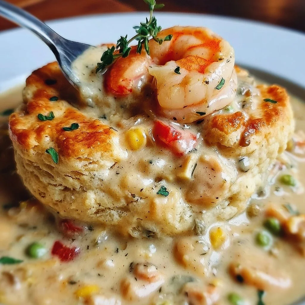 Cheddar Bay Biscuit Seafood Pot Pie topped with golden brown biscuit crust