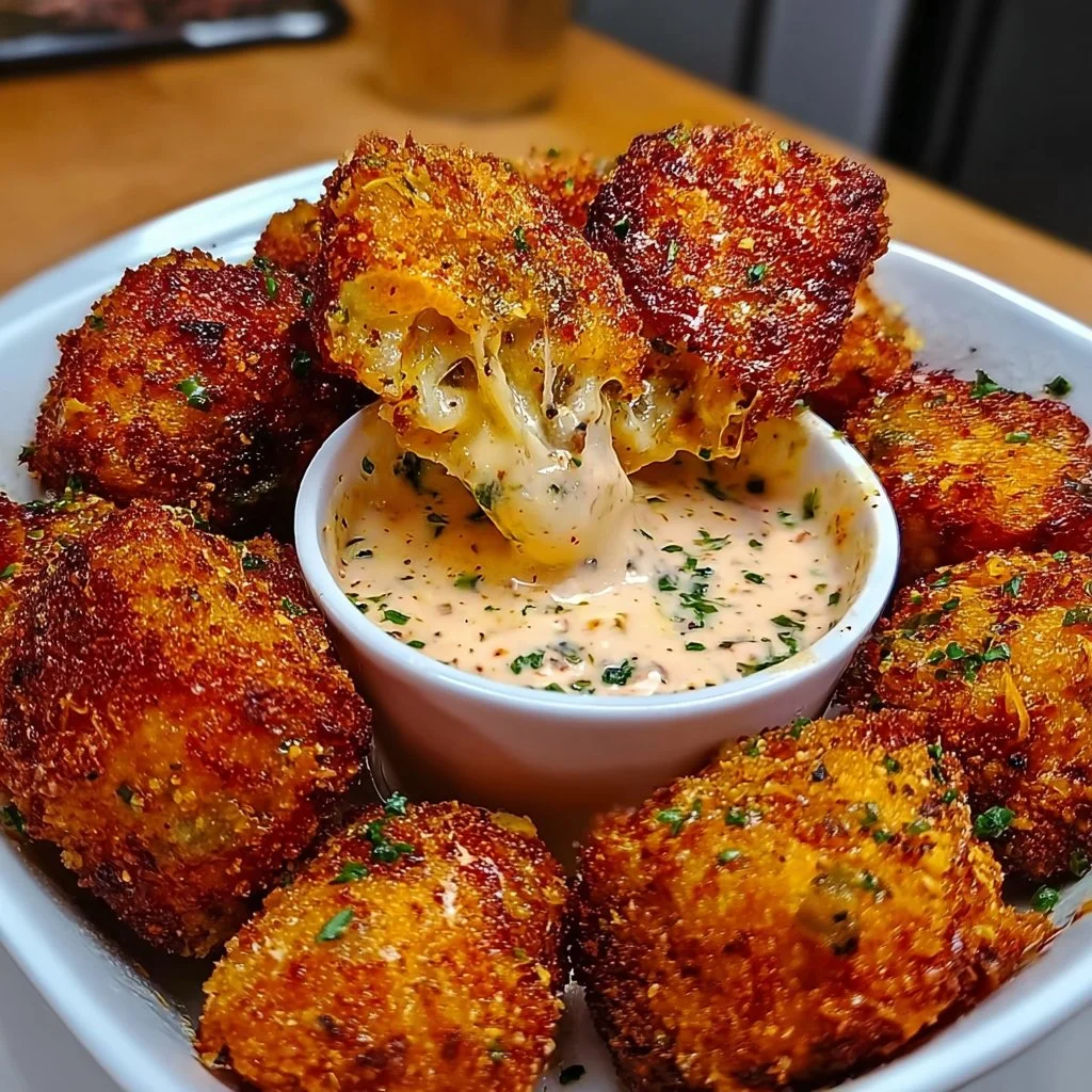Cheesy jalapeño ranch chicken poppers served with a creamy dip